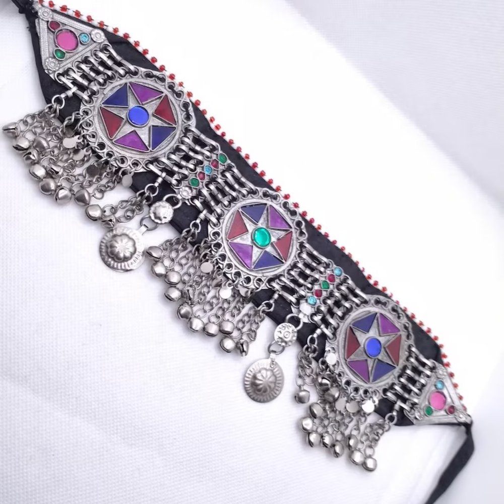 Tribal Necklace, Afghan Necklace, Boho Silver Choker Necklace